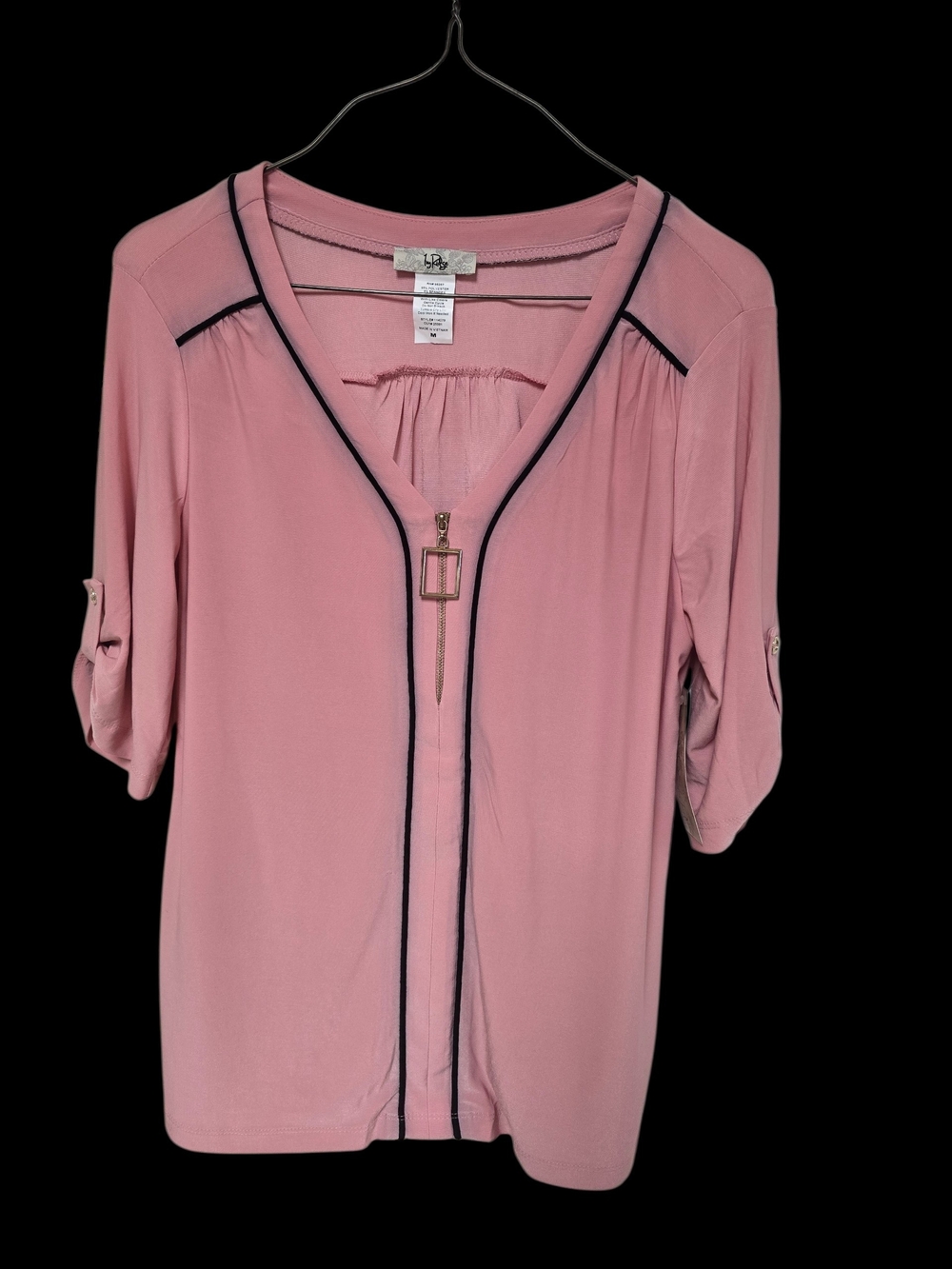 Ivy Ridge (NWT). Boutique Rose Pink Zip-Front Blouse with Contrast Piping